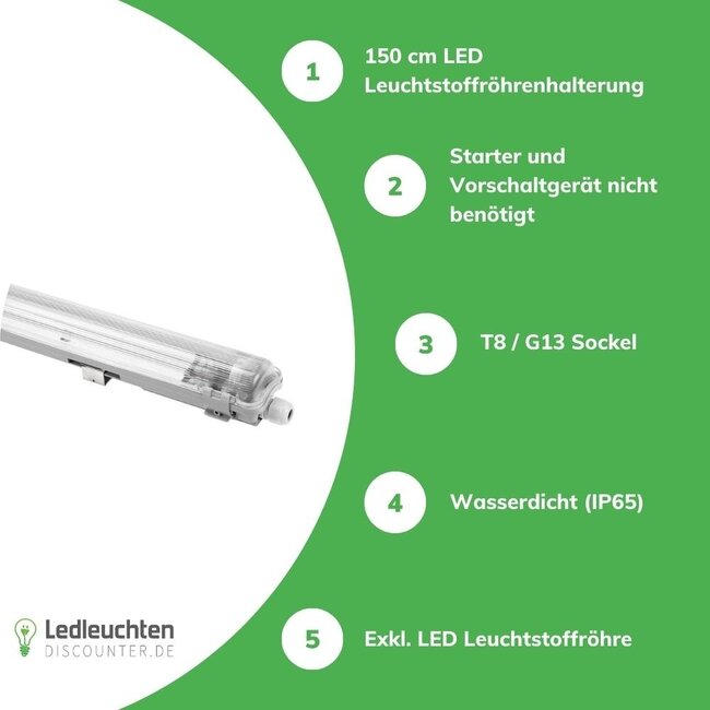 Spectrum Wasserdichte LED-Leuchtstoffröhrenhalterung - T8 / G13 - 150cm - IP65  - Feuchtraum Halterung Wannenleuchte - IK10