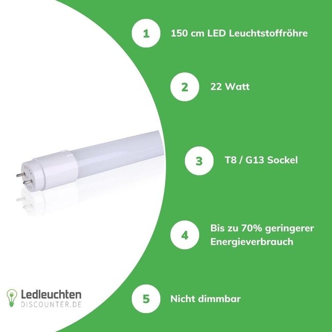 LCB PRO LED Leuchtstoffröhre G13/T8 - 150cm - 6000K - 865 - Tageslichtweiß - 25W entspricht 58W - Pro High Lumen 100/140/170Lm pro Watt