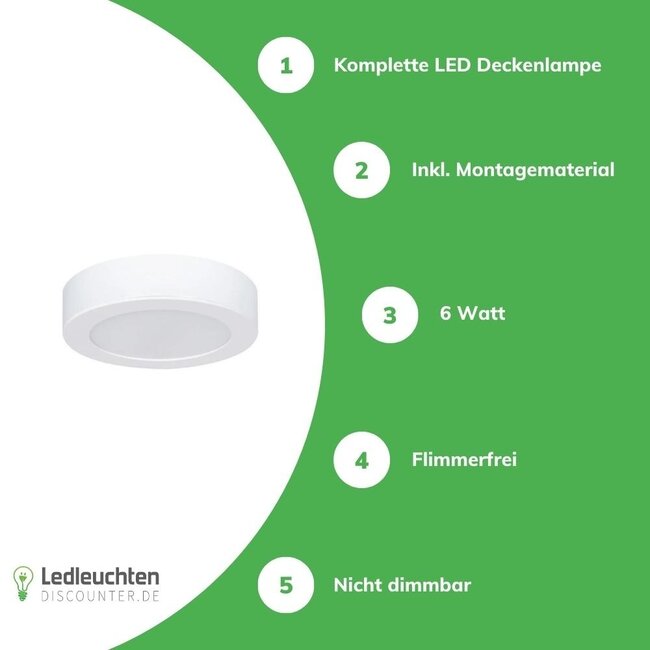 Aigostar LED Deckenlampe Ø122mm  - rund - Ceiling light - 6W entspricht 40W - Lichtfarbe optional - 3000K, 4000K oder 6000K