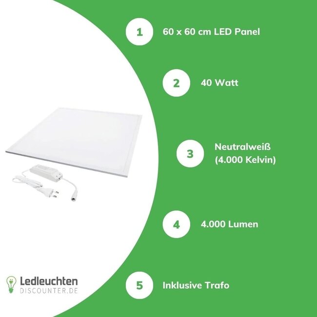 Aigostar LED Panel 60x60cm - 3000K, 4000K oder 6000K - 40W 4000Lm- mit 1.5m Anschlusskabel und Stecker