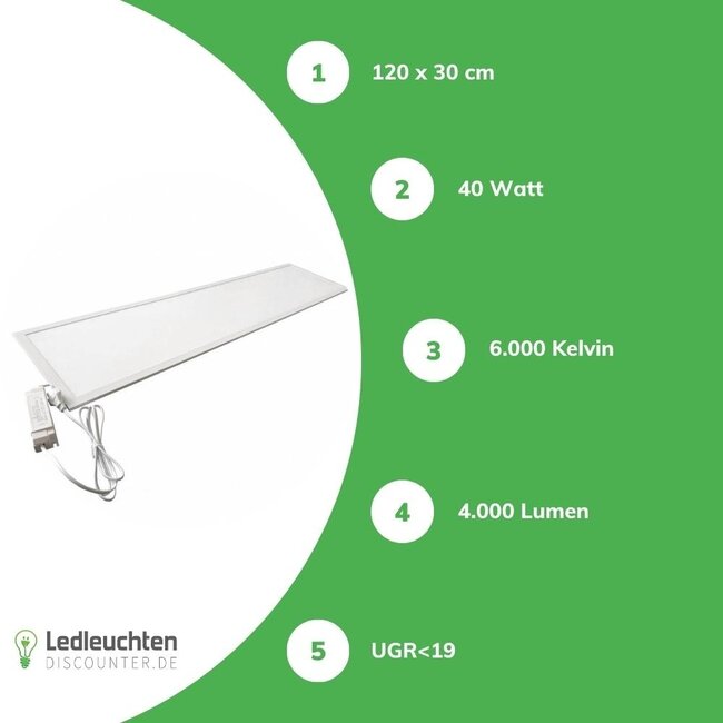 Aigostar LED Panel 120x30 cm - 40W 4600Lm - UGR <19 Lichtfarbe optional