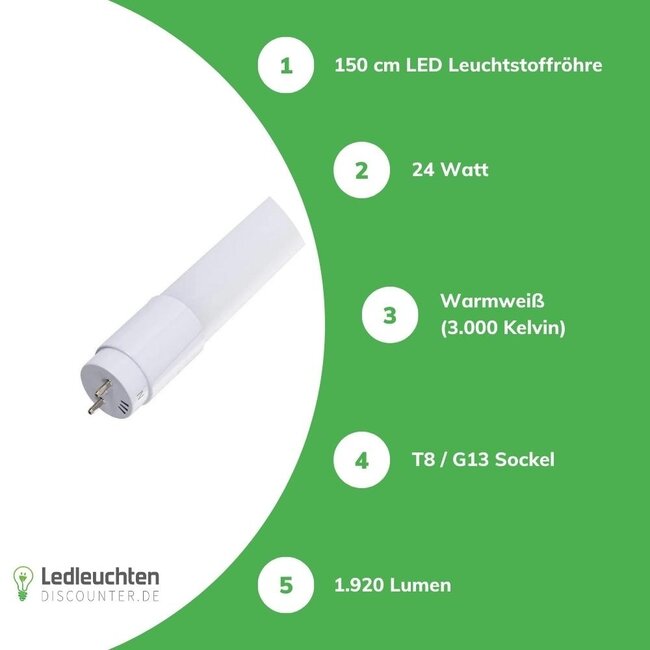 PRO LED Leuchtstoffröhre G13/T8 - 150cm - 3000K - 830 - Warmweiß - 24W entspricht 58W - Pro High Lumen 80/140/170Lm pro Watt - extra hohe Lichtleistung