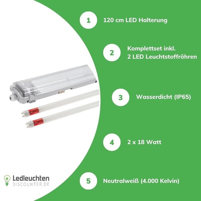 Komplettset - 120cm Doppelfassung - IP65 Feuchtraum - Wannenleuchte + 2 x 18W LED Röhren 4000K - 840 - Neutralweiß - Komplett