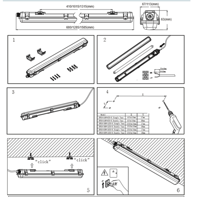 Komplettset - 120cm Doppelfassung - IP65 Feuchtraum - Wannenleuchte + 2 x 18W LED Leuchtstoffröhren - 6000K - 865 - Tageslichtweiß