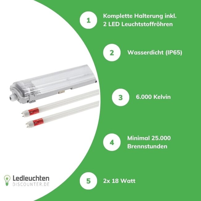 Komplettset - 120cm Doppelfassung - IP65 Feuchtraum - Wannenleuchte + 2 x 18W LED Leuchtstoffröhren - 6000K - 865 - Tageslichtweiß