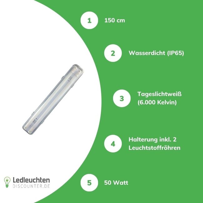 Komplettset - 150cm Doppelfassung - IP65 Feuchtraum -Wannenleuchte + 2 x 25W LED Leuchtstoffröhren 6000K - 865 - Tageslichtweiß