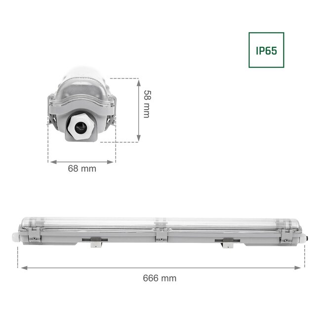 60cm LED Halterung IP65 + 1 Standard LED Leuchtstoffröhre 10W - 3000K 830 Warmweiß -  Komplettset