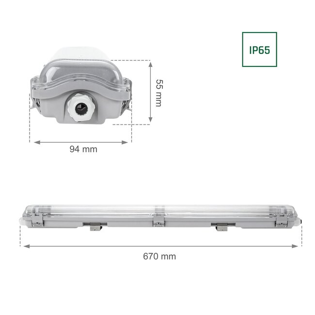 60cm LED Halterung IP65 + 2 LED High Lumen Leuchtstoffröhren 10W pro Röhre - 4000K 840 Neutralweiß - Komplettset