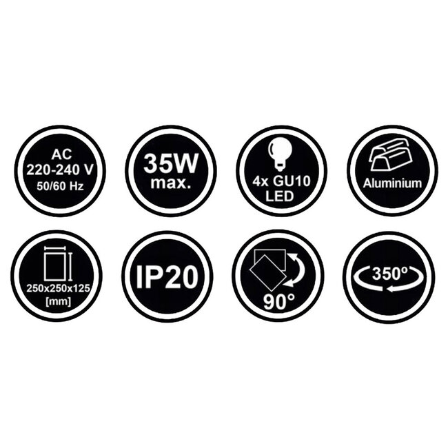 LED Deckenspot Mattschwarz - 4 verstellbare GU10 Fassungen für LED Spots - exkl. LED Spot