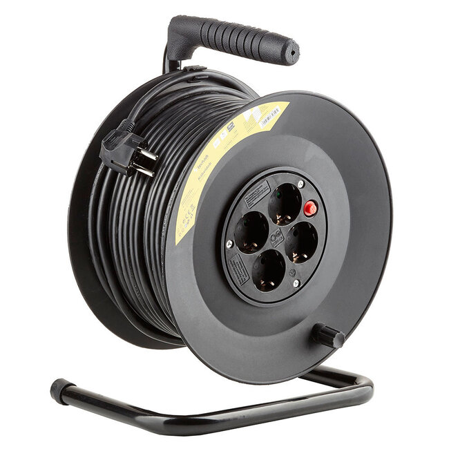 Teknik Kabeltrommel 50meter - 4-fach mit Schutzkontaktsteckdosen | Schwarz Kunststoff - H05VV 3G1,5 mm²