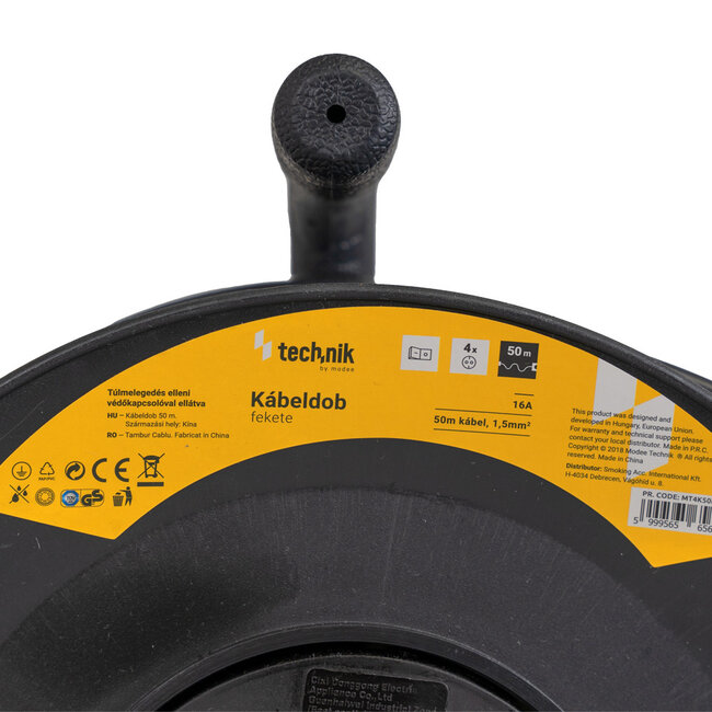 Teknik Kabeltrommel 50meter - 4-fach mit Schutzkontaktsteckdosen | Schwarz Kunststoff - H05VV 3G1,5 mm²