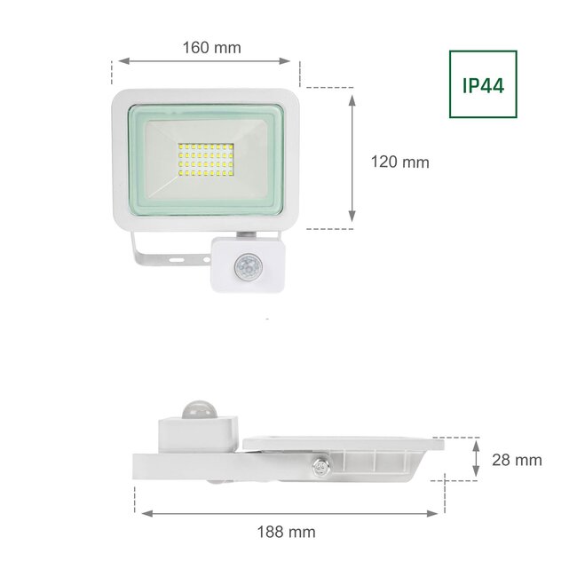 LED Strahler mit Sensor weiß - 30W IP44 - Lichtfarbe optional - 3 Jahre Garantie