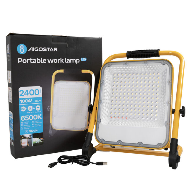 LED Baustrahler wiederaufladbar IP65 - 100W 2400 Lumen - 6500K Tageslichtweiß - bis zu 12 Stunden Akkulaufzeit