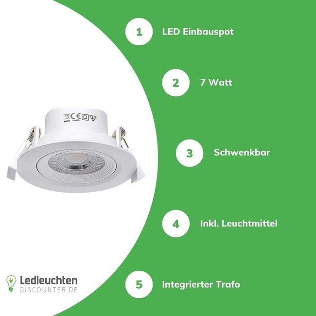 LED Einbauspot - 7W entspricht 41W - Sägegröße Ø75-80mm - Lichtfarbe optional - schwenkbar