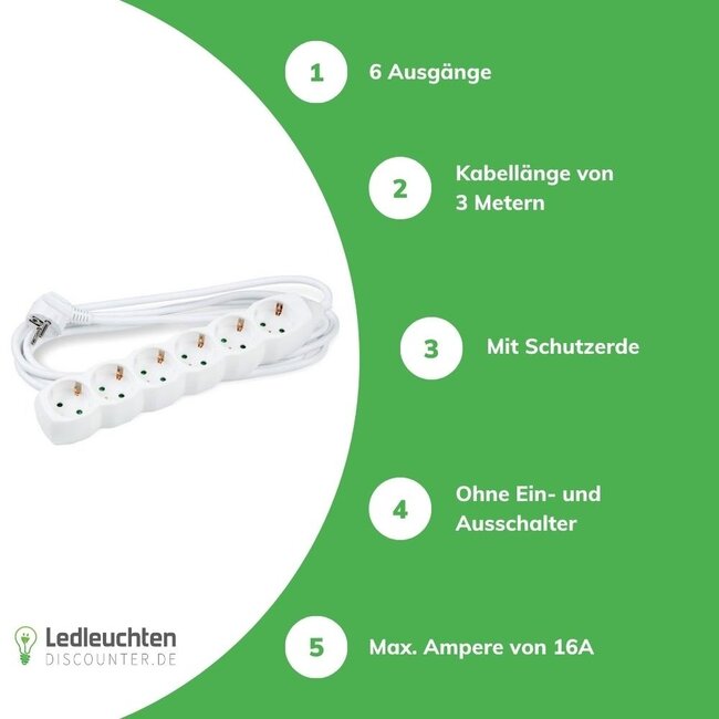 Steckdosenleiste 6-fach - Weiß - Kabellänge optional