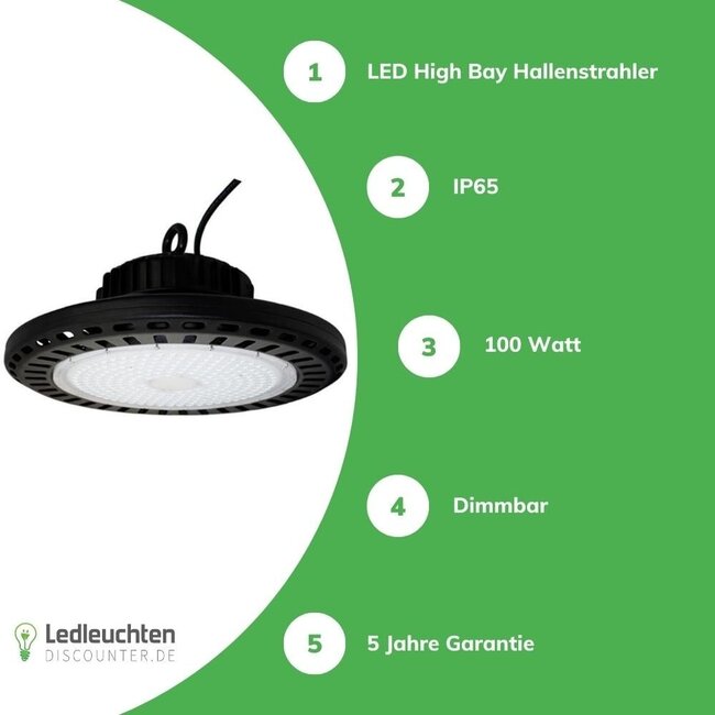 LED UFO Hallenstrahler High Bay - Dimmbar 1-10v - 100W 15.000Lm  - Lichtfarbe optional