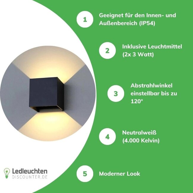 LED Wandleuchte Schwarz - 2x3W - Up and Down Abstrahlwinkel anpassbar - Lichtfarbe optional