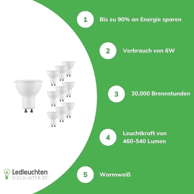 10er Pack - GU10 LED Spots - 6W entspricht 45W - Lichtfarbe optional
