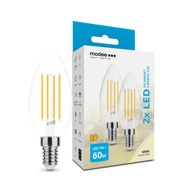 2er-Pack LED Fadenlampe Kerzenlampe - E14 Sockel - C35 - 7W entspricht 60W - 4000K Neutralweiß