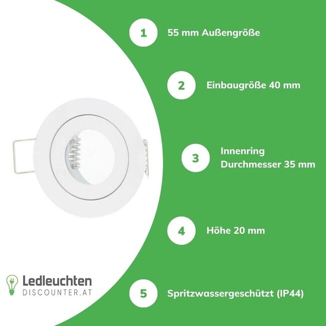LED line GU11 / MR11 Spot Einbaurahmen 45 mm - Außengröße 55 mm - Weiß -  rund - wasserdicht IP44
