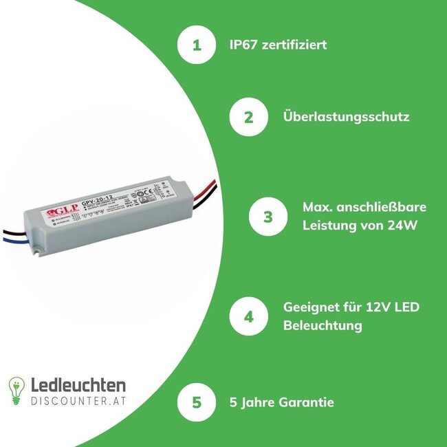 LED line GLP LED Netzteil Transformator - 12V 24W 2A - geeignet für 12V LED Beleuchtung - IP67 wasserdicht