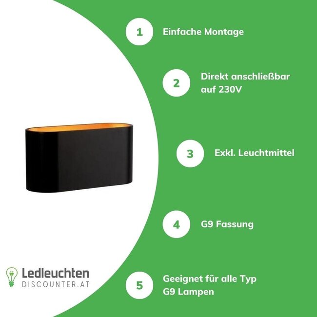LED Wandleuchte oval - Schwarz Gold - mit G9 Fassung - 80x80x160 mm