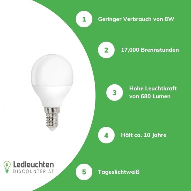 LED Lampe - E14 Sockel - 8W entspricht 50-60W - Tageslichtweiß 6000K