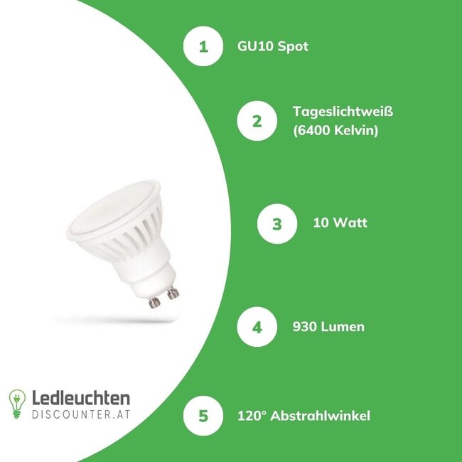 LED GU10 Spot - 10W entspricht 100W - 6000K Tageslichtweiß - Keramik