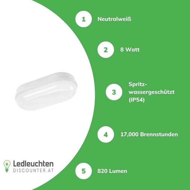 LED Deckenleuchte oval - 8W 4000K - IP54 spritzwassergeschützt