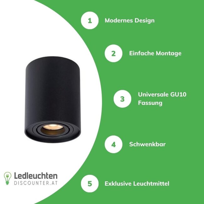 LED Deckenspot - Tube rund - Schwarz - mit GU10 Fassung - schwenkbar - exkl. LED Spot