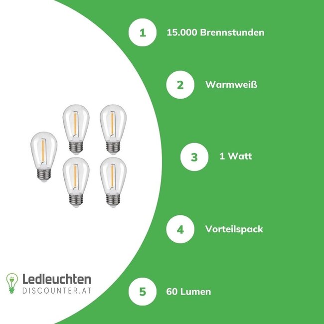 5er Vorteilspack LED Fadenlampe E27 - 1W - 2700K Warmweiß