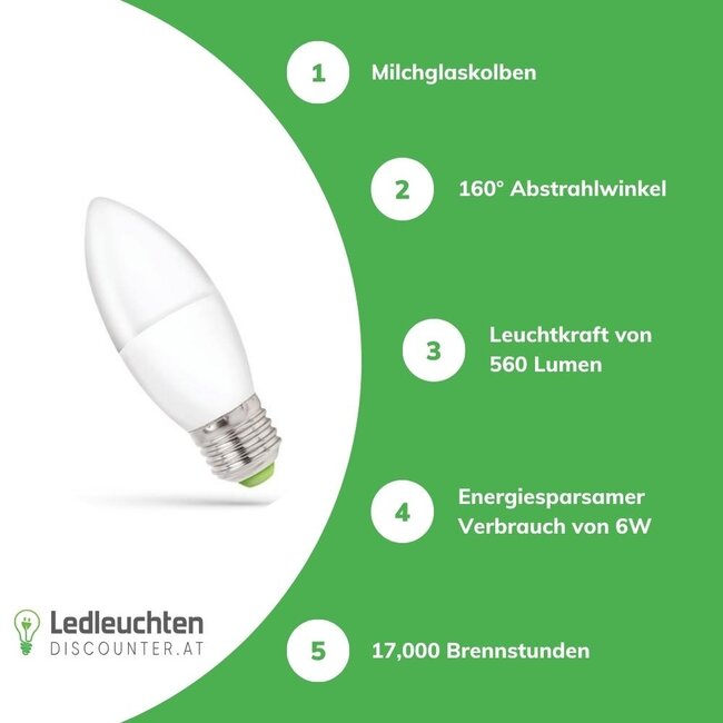 LED Lampe E27 - C37 - 6W entspricht 47W - 6000K Tageslichtweiß