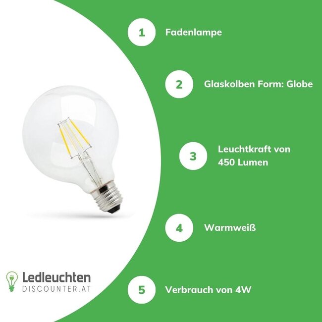 LED Fadenlampe E27 - G95 - 4W entspricht 40W - 2700K Warmweiß - großer Glaskolben