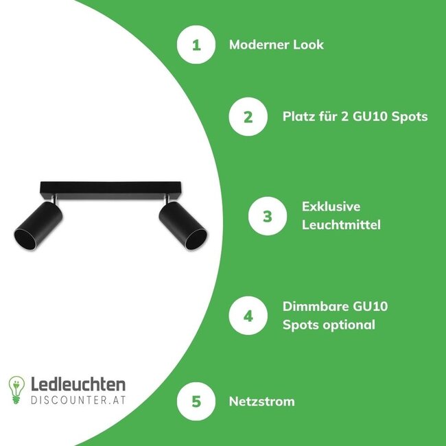 LED Deckenspot Mattschwarz - 2 verstellbare GU10 Fassungen für LED Spots - exkl. LED Spot