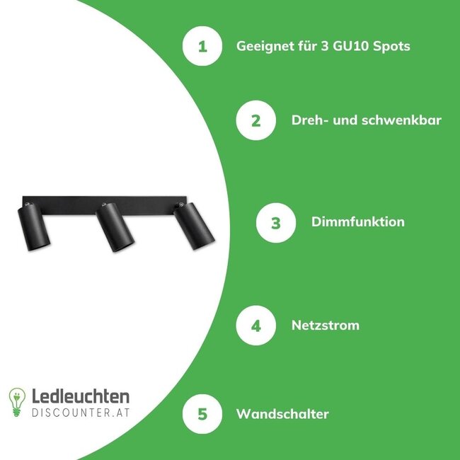 LED Deckenspot Mattschw. - 3 verstellbare GU10 Fassungen für LED Spots - exkl. LED Spot