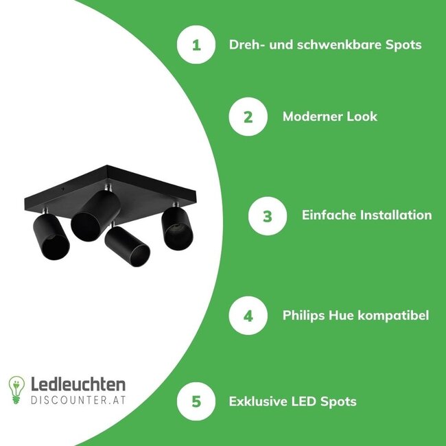 LED Deckenspot Mattschwarz - 4 verstellbare GU10 Fassungen für LED Spots - exkl. LED Spot