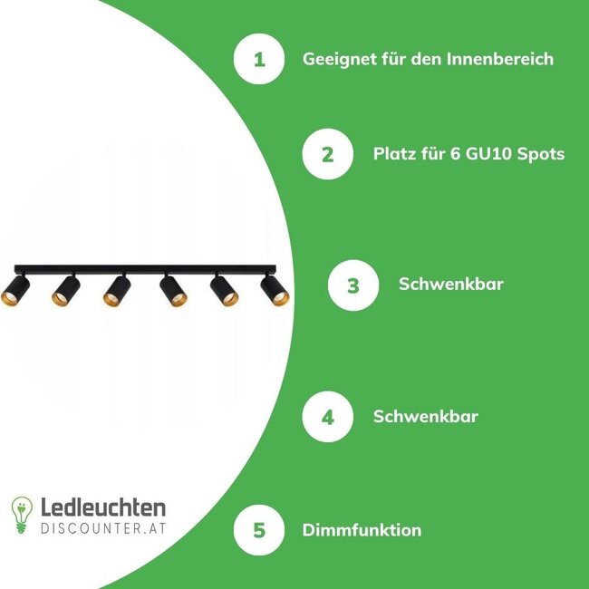 LED Deckenspot Mattschwarz - 6 verstellbare GU10 Fassungen für LED Spots - exkl. LED Spot