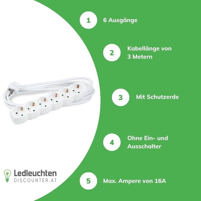 Steckdosenleiste 6-fach - Weiß - Kabellänge optional