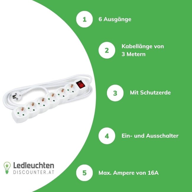 Steckdosenleiste 6-fach mit Ein- und Ausschalter- Kabellänge optional