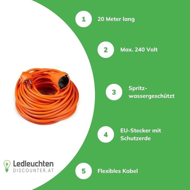 Verlängerungskabel 20 Meter - H05VV-F3G1,5 geerdet - orange