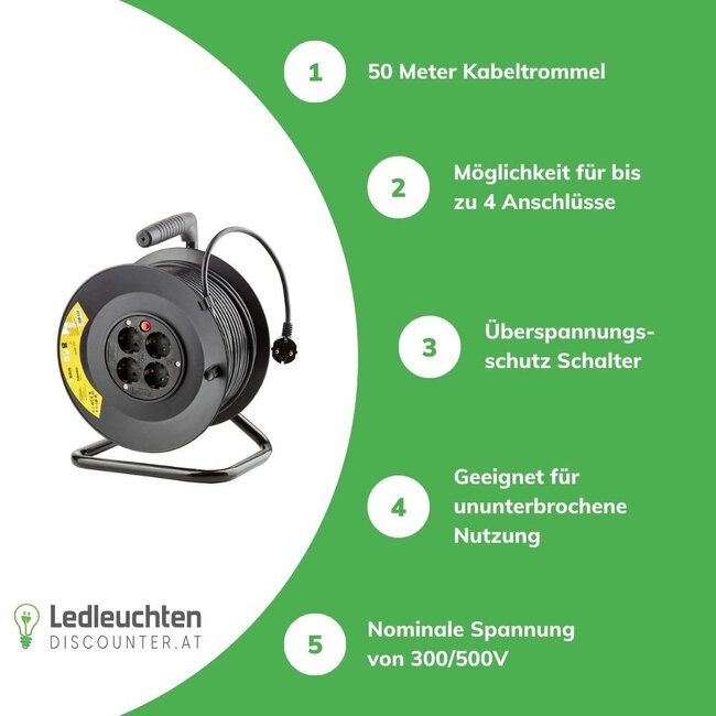 Teknik Kabeltrommel 50meter - 4-fach mit Schutzkontaktsteckdosen | Schwarz Kunststoff - H05VV 3G1,5 mm²