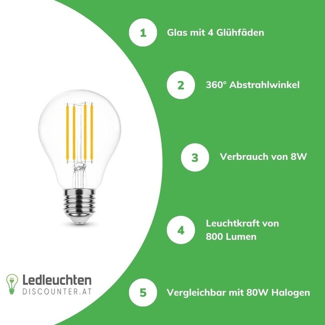 LED Fadenlampe - E27 A60 8W - entspricht 80W - 2700K Warmweiß