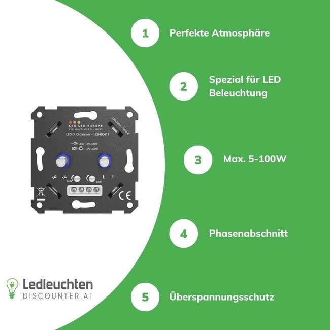 LED Dimmer DUO Einbau - 2x 5-100W - Universal Phasenabschnitt