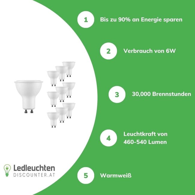10er Pack - GU10 LED Spots - 6W entspricht 45W - Lichtfarbe optional