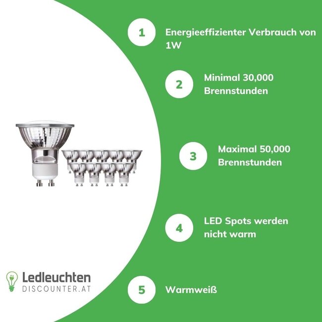 Vorteilspack 10 Stück - GU10 LED Spots - 1W entspricht 10W - Lichtfarbe optional