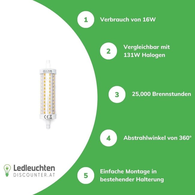 LED R7S Lampe - 16W entspricht 131W - 3000K Warmweiß - 118mm - nicht dimmbar