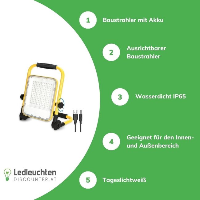 LED Baustrahler wiederaufladbar IP65 - 100W 2400 Lumen - 6500K Tageslichtweiß - bis zu 12 Stunden Akkulaufzeit