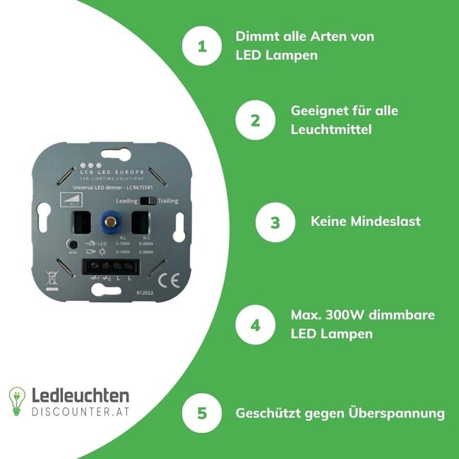 Unterputz  LED Dimmer - Triac - max. 250 Watt - geeignet  für Phasenan- und Phasenabschnitt