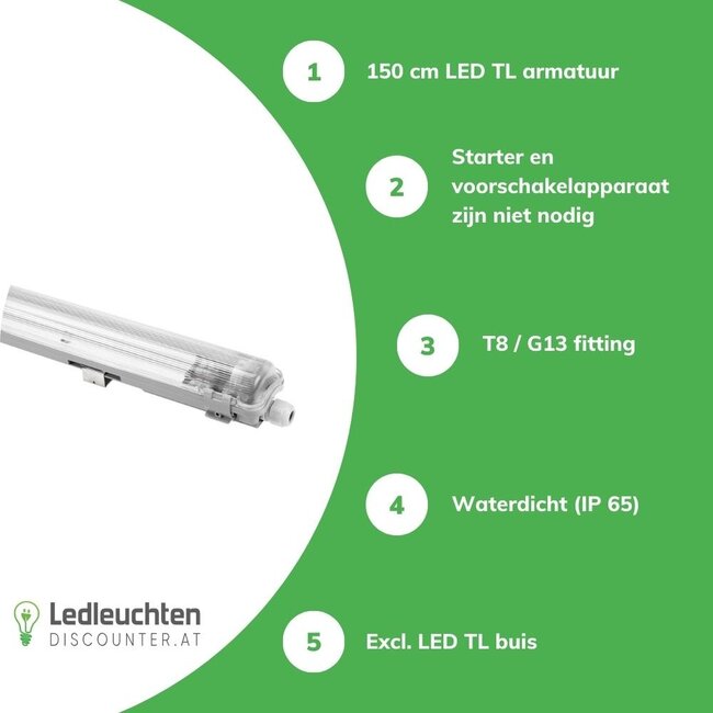 Wasserdichte LED-Leuchtstoffröhrenhalterung - T8 / G13 - 150cm - IP65  - Feuchtraum Halterung Wannenleuchte - IK10