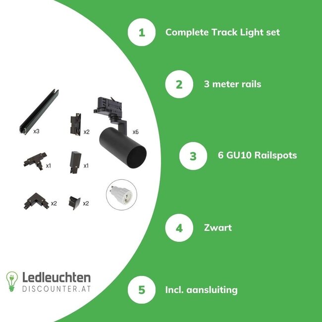 Schienenstrahler Komplettset - 6xGU10 Schienenspot - 3m Schiene - Inkl. Anschluss - Schwarz